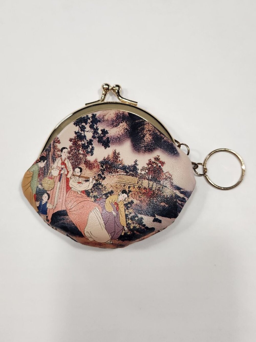 VTG NIB Folkcraft Leather Change Purse Clasp Keychain Hanbok Painting Print